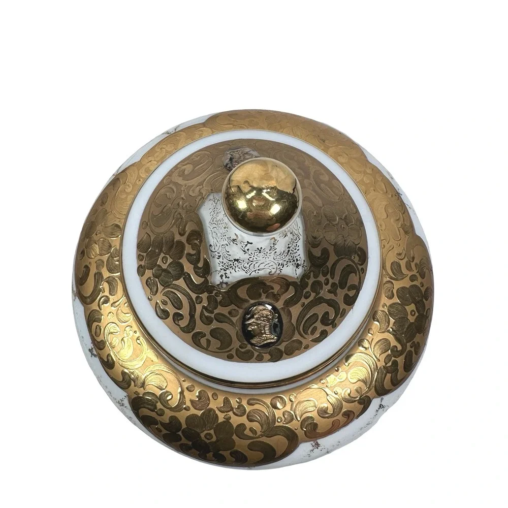 Vintage‎ Empoli Circus Tent Italy White Milk Glass Gold Encrusted Candy Dish Lid